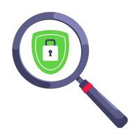 Shield with padlock on it security protection symbol in the magnifier circle glass. vector