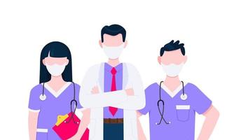 Successful team of medical employee doctors with face masks vector illustration