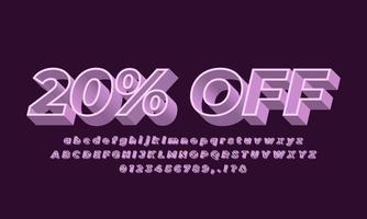 20 percent off sale text font modern 3d pink vector