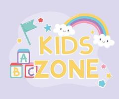 zona de niños, bloques de letras bandera arco iris nubes dibujos animados vector