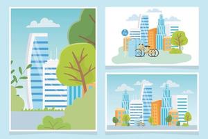 urban ecology skyscrapers city town trees foliage cards vector
