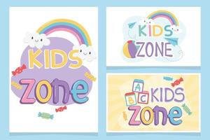 zona de niños, inscripciones divertidas tarjetas de bolas de caramelo de nubes de arco iris vector