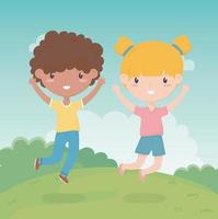 happy childrens day, funny little boy and girl in the field vector