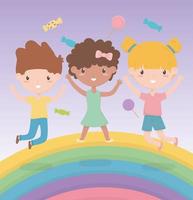 feliz día del niño, celebración de dulces de arco iris de niñas y niños lindos vector