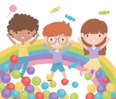 feliz día de los niños, niños divertidos de celebración con piruletas y pelotas de caramelos de arco iris vector