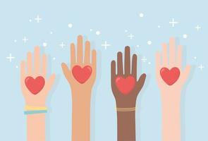 human rights, raised hands diversity with hearts love vector