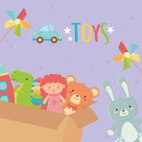 juguetes caja de cartón con muñeca oso conejo juego de viento coche rotulación vector