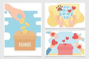 volunteering, help charity donate love protection care animal world cards vector