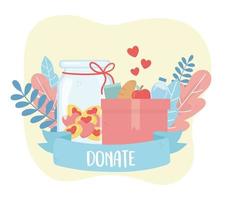 volunteering, help charity donate box with food and money love vector