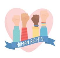 derechos humanos, manos levantadas en puño amor corazón fuerte vector