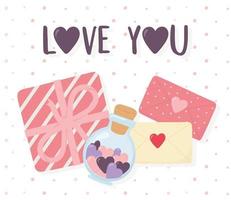 happy valentines day, gift box messages and hearts in a glass mason jar vector