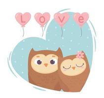 feliz día de san valentín linda pareja búhos globos corazón amor romance vector