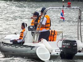 Chao Phraya River  BANGKOK THAILAND31 DECEMBER 2018The security guard is taking care of the safety of the tourists who are boarding the boat at the port on the day of dense water traffic. photo