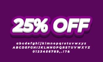 Plantilla violeta 3d de texto de promoción de descuento de venta del 25 por ciento vector