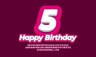 número 5 cinco años celebracion cumpleaños fuente 3d rosado diseño moderno vector