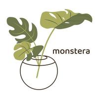 Isolated vector illustration of a vase with monstera leaves.