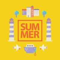 Vector summer colorful illustration, travelling, holidays. Yellow poster, card with sea town elements