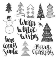 conjunto vectorial de ilustraciones navideñas dibujadas a mano, elementos de diseño. letras, deseos, árboles. vector