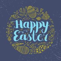 Vector Easter poster, card, banner. Brushpen lettering with hand drawn flower and easter eggs doodles