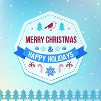 Vector Christmas and winter holidays badge on snowy background. Holiday poster, card, banner with ribbon