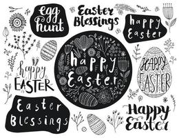 Vector set of Easter hand drawn lettering, eggs, doodle