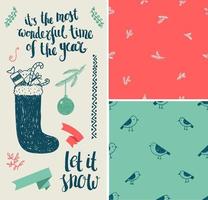 Vector Christmas, New Year set. Hand drawn winter holiday elements, seamless patterns, lettering.