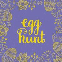 Vector Easter card, poster, banner. Brushpen lettering, hand drawn decorated eggs and doodle flowers.