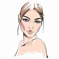 ilustración de moda dibujada a mano de la cara de la mujer sobre fondo blanco. arte de belleza de niña con maquillaje natural. boceto de dibujo de moda de un retrato elegante. cara de mujer romántica con pestañas largas vector