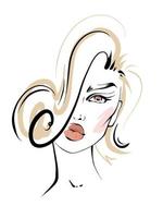Hand-drawn fashion illustration of woman's abstract face on white background. Beauty art girl with makeup line art. Fashion drawing sketch poster. Beautiful woman face with long eyelashes and big lips vector
