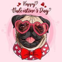 feliz día de san valentín cabeza de perro pug con gafas en forma de corazón y pajarita roja vector