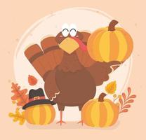 turkey and pumpkin with pilgrim hat happy thanksgiving celebration vector