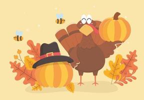 pavo y calabazas con sombrero de peregrino abeja y hojas feliz celebración de acción de gracias vector