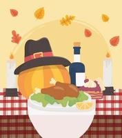 happy thanksgiving baked turkey pumpkin hat wine cake and candle tablecloth celebration vector