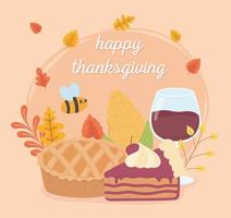 happy thanksgiving pie wine glass cake bee foliage celebration vector