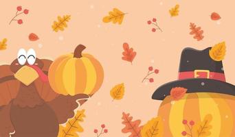 turkey pumpkins with pilgrim hat happy thanksgiving celebration vector