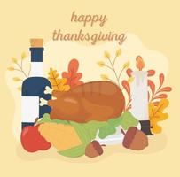 happy thanksgiving roasted turkey wine acorn corn apple candle foliage celebration vector