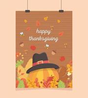 happy thanksgiving poster hanging pumpkin with hat acorns bees foliage vector