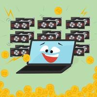Joyful laptop mining bitcoin.  Mining farm. vector