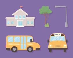 icons school bus and building vector