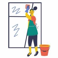 A woman cleaning the window at home vector
