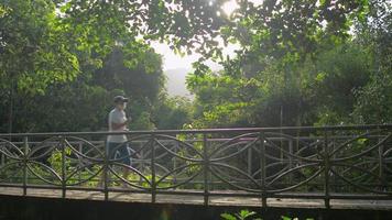 Woman jogging over the bridge natural park under morning sunlight. video