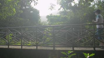 donna fare jogging sul ponte sotto la luce del sole nel parco. video