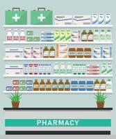 Pharmacy shelves with medical medicines. Cartoon. Vector illustration  6685039 Vector Art at Vecteezy