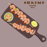 shrimp on skewers. Grilled shrimp kebab lies on wooden board, with lemon, parsley and wasabi sauce. Seafood canapes impaled on cocktail stick. Seafood, shellfish. Vector illustration.