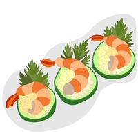 aperitivo de rodajas de pepino con camarones y queso, decorado con una ramita de perejil. ilustración vectorial de comida y bocadillos para buffet, menú. comida de marisco con los dedos. vector