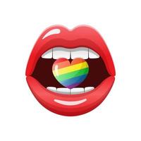 Open mouth with rainbow heart. Gay and lesbian Lips LGBT pride symbol. Vector illustration isolated on white background.