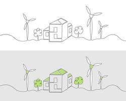 dibujo de una línea de energía eólica, energía renovable. ilustración de vector de línea continua de fuentes alternativas aisladas sobre fondo blanco.