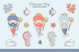 Mermaid king with sea horse stikers for kids vector