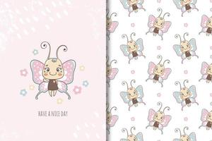 Cute Little butterfly cartoon character. Card and seamless pattern for kids vector