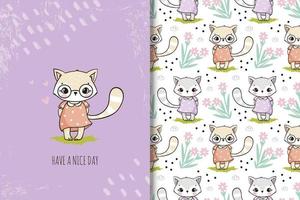 Cute cat with flowers card and seamless pattern vector